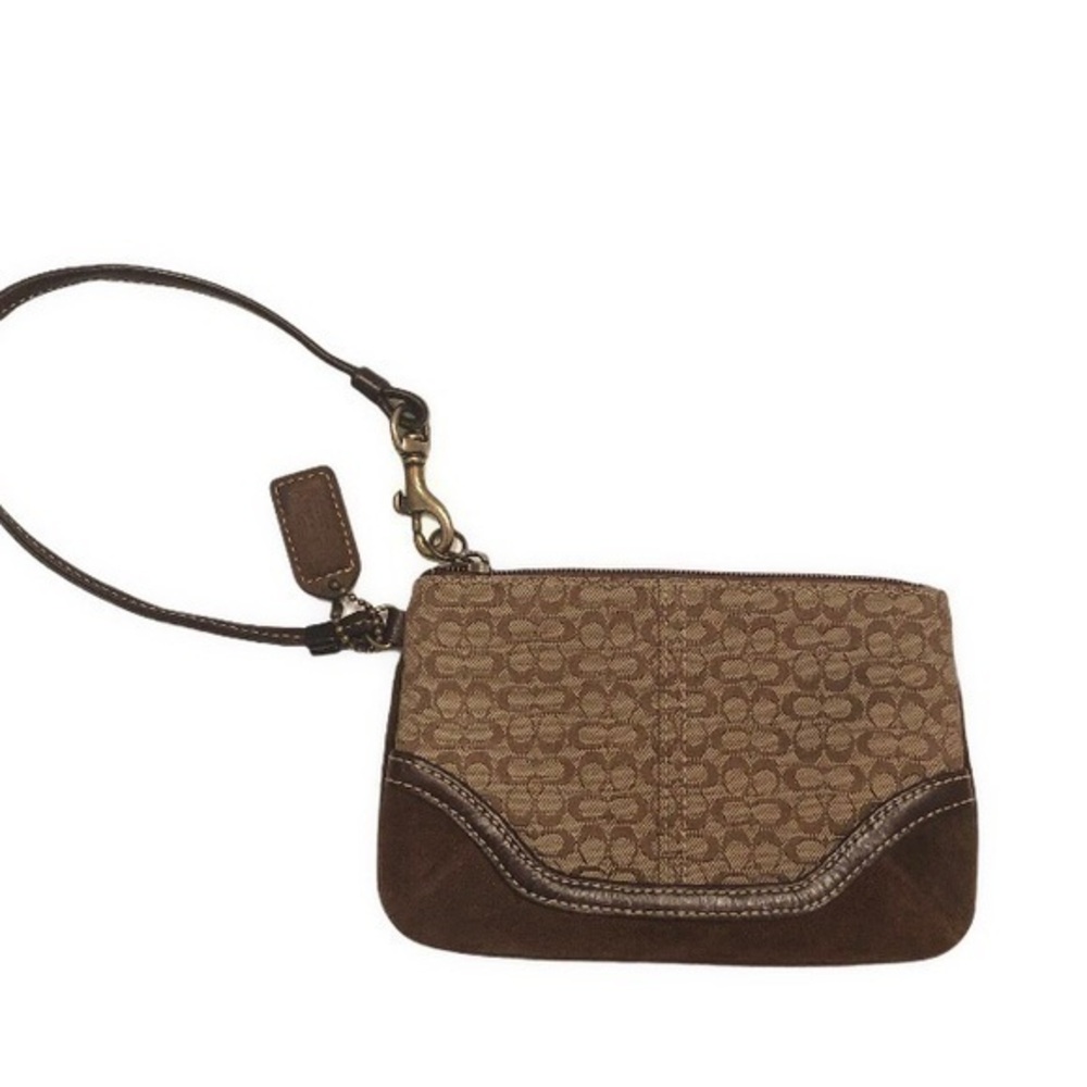 Coach brown c jacquard suede leather wristlet